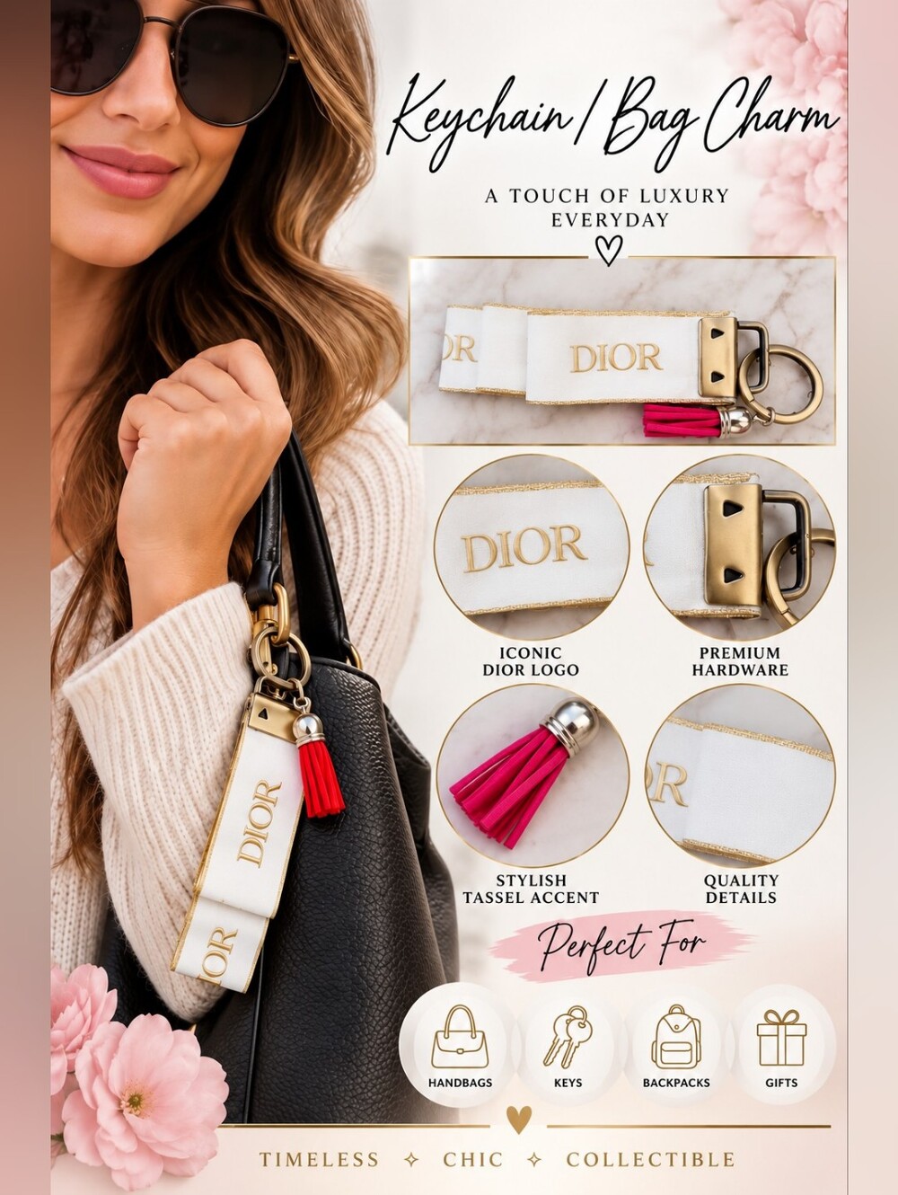 Fashion Keychain Bag Charm with Gold Hardware